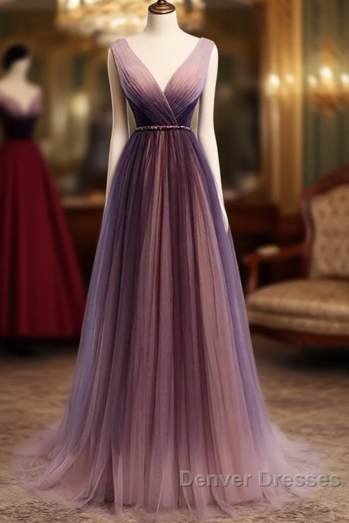 Beautiful Gradient V-Neckline Tulle Long Prom Dress Party Dress, Gradient Evening Gown Main image