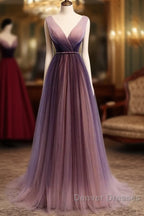 Beautiful Gradient V-Neckline Tulle Long Prom Dress Party Dress, Gradient Evening Gown