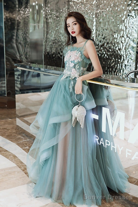 Beautiful Green And Pink Tulle Straps Long Party Dress Prom Dress, A-Line Formal Dress