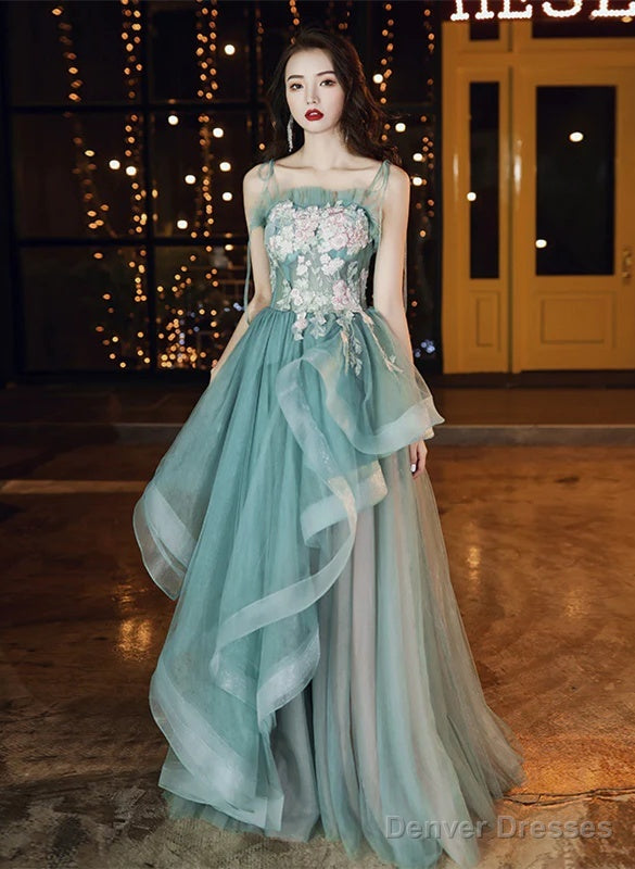 Beautiful Green And Pink Tulle Straps Long Party Dress Prom Dress, A-Line Formal Dress Main image
