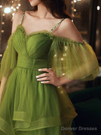 Beautiful Green Beaded Straps Short Formal Dresses, Green Evening Dresses