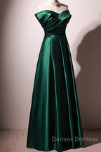 Beautiful Green Satin A-Line Off Shoulder Prom Dress, Green Evening Dress Party Dress