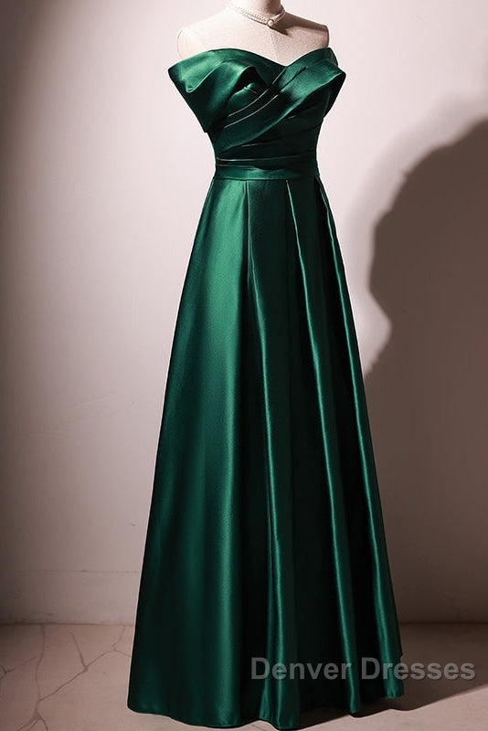Beautiful Green Satin A-Line Off Shoulder Prom Dress, Green Evening Dress Party Dress