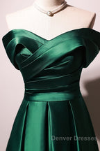Beautiful Green Satin A-Line Off Shoulder Prom Dress, Green Evening Dress Party Dress