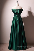 Beautiful Green Satin A-Line Off Shoulder Prom Dress, Green Evening Dress Party Dress