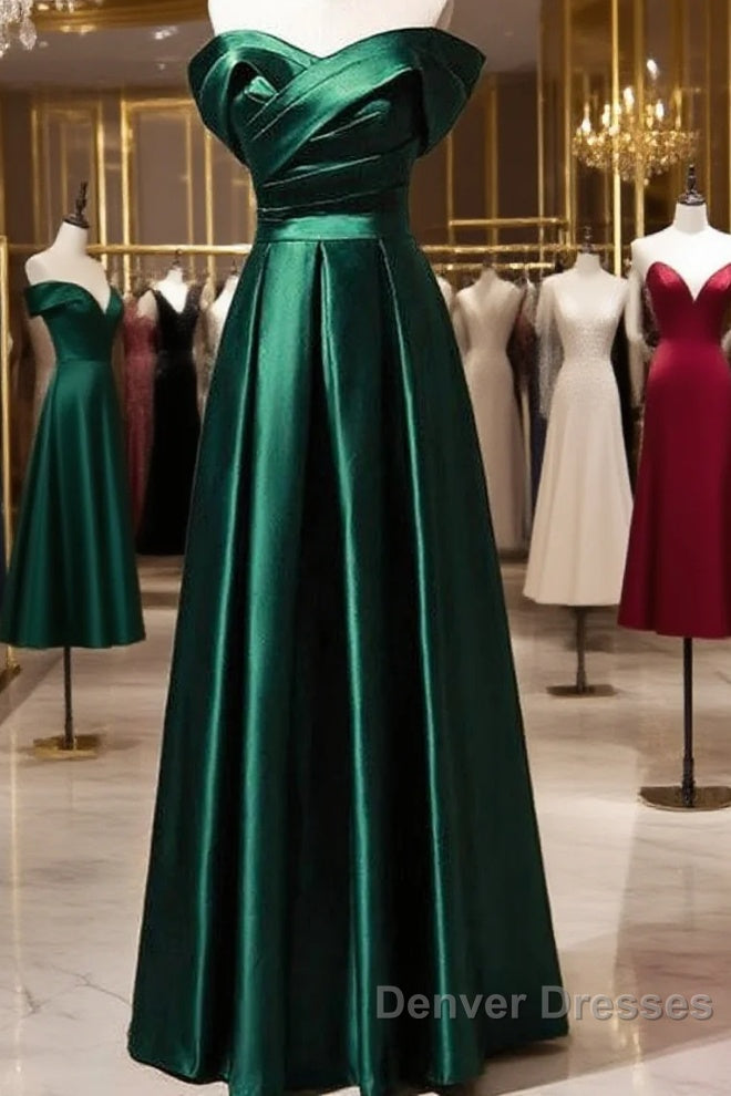Beautiful Green Satin A-Line Off Shoulder Prom Dress, Green Evening Dress Party Dress Main image