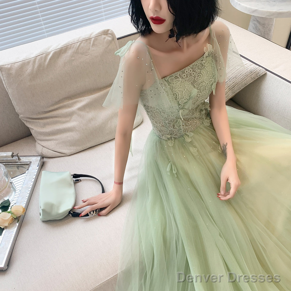 Beautiful Green Tulle Tulle With Lace Party Dress Formal Dress, Green Evening Dresses Secondary image