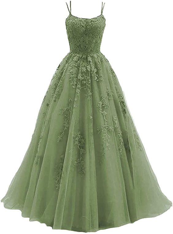 Beautiful Green Tulle With Lace Applique Formal Gown, Green Evening Prom Dress Main image