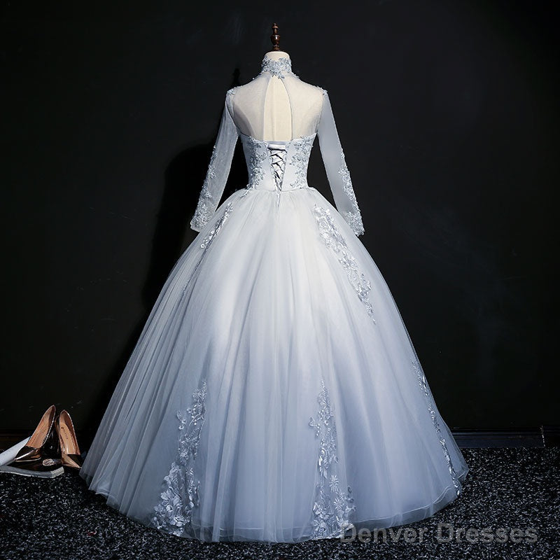 Beautiful Grey A-Line Long Sleeves With Lace Party Gown, Sweet 16 Dress