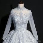 Beautiful Grey A-Line Long Sleeves With Lace Party Gown, Sweet 16 Dress