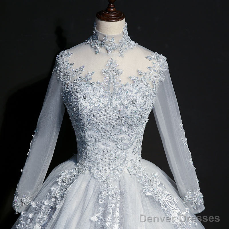 Beautiful Grey A-Line Long Sleeves With Lace Party Gown, Sweet 16 Dress