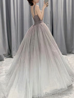 Beautiful Grey Gradient Straps Tulle Long Formal Gown, Tulle Prom Dresses
