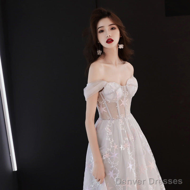 Beautiful Grey Off Shoulder Sweetheart Long Party Dress Prom Dress, Grey Evening Dress