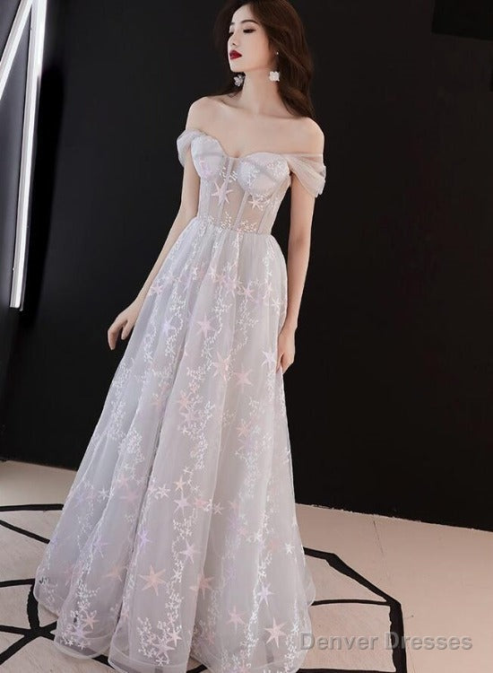 Beautiful Grey Off Shoulder Sweetheart Long Party Dress Prom Dress, Grey Evening Dress Main image