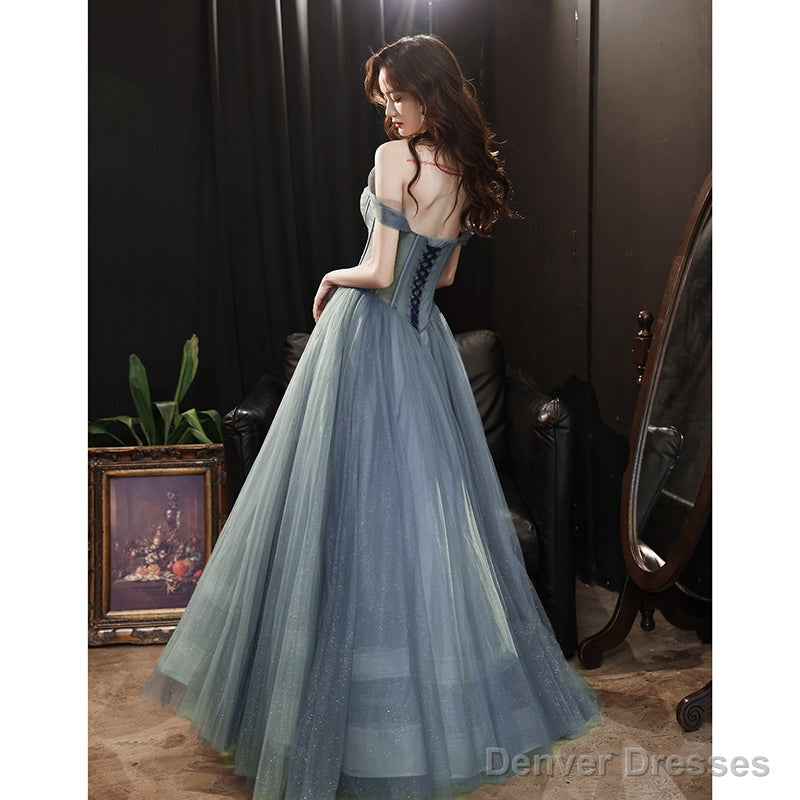 Beautiful Grey Tulle Off Shoulder Long Prom Party Dress, Grey Evening Dresses Secondary image