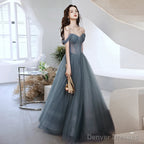 Beautiful Grey Tulle Off Shoulder Long Prom Party Dress, Grey Evening Dresses