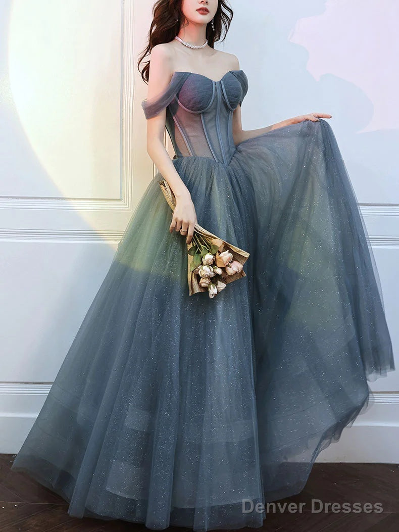 Beautiful Grey Tulle Off Shoulder Long Prom Party Dress, Grey Evening Dresses Main image