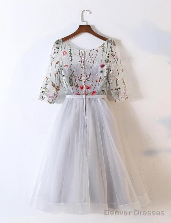 Beautiful Grey Tulle Round Neckline With Flowers Party Dress, Short Prom Dress Secondary image