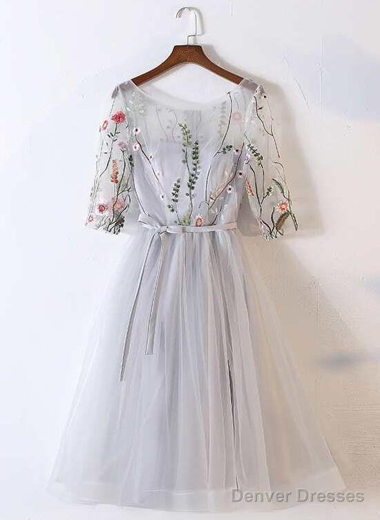 Beautiful Grey Tulle Round Neckline With Flowers Party Dress, Short Prom Dress Main image