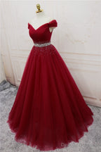 Beautiful Handmade A-Line Prom Dress , Off Shoulder Wine Red Party Dress