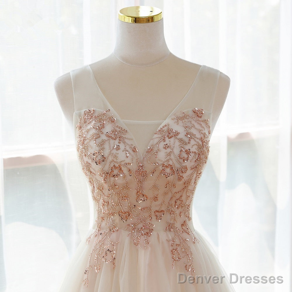 Beautiful Ivory V-Neckline Floor Length Tulle Prom Dress, Beaded Formal Dress Evening Dress