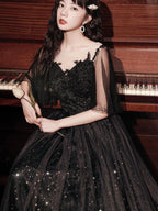 Beautiful Lace Applique Top Gradient Tulle Long Party Dress, Black Long Formal Dress Prom Dress