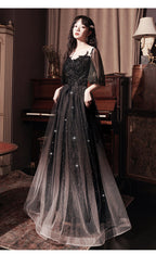 Beautiful Lace Applique Top Gradient Tulle Long Party Dress, Black Long Formal Dress Prom Dress