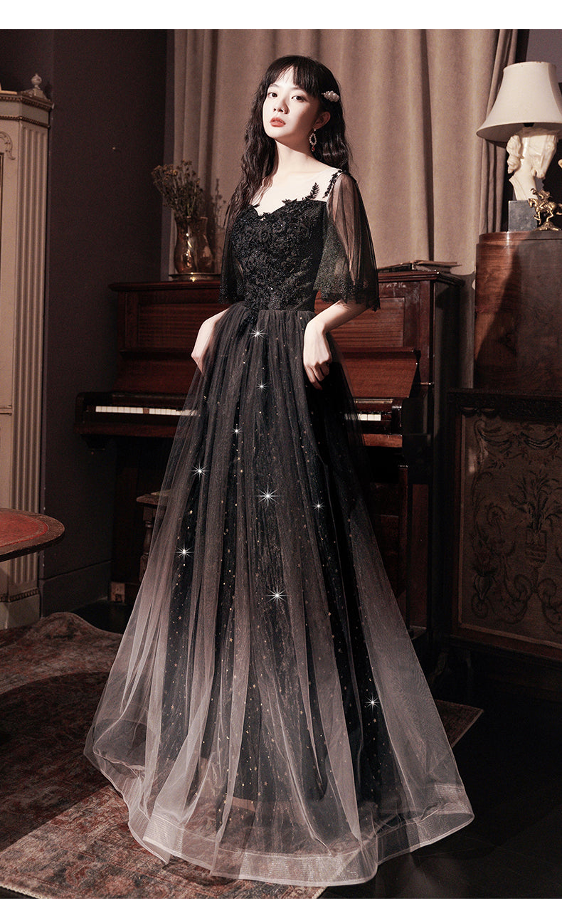 Beautiful Lace Applique Top Gradient Tulle Long Party Dress, Black Long Formal Dress Prom Dress