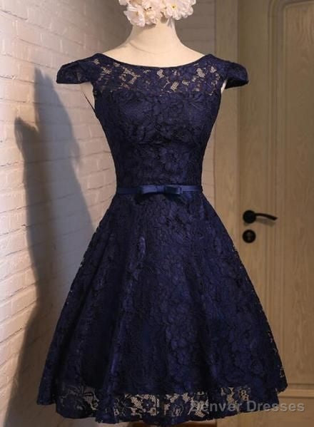Beautiful Lace Navy Blue Short Party Dress, Lace Homecoming Dress Main image