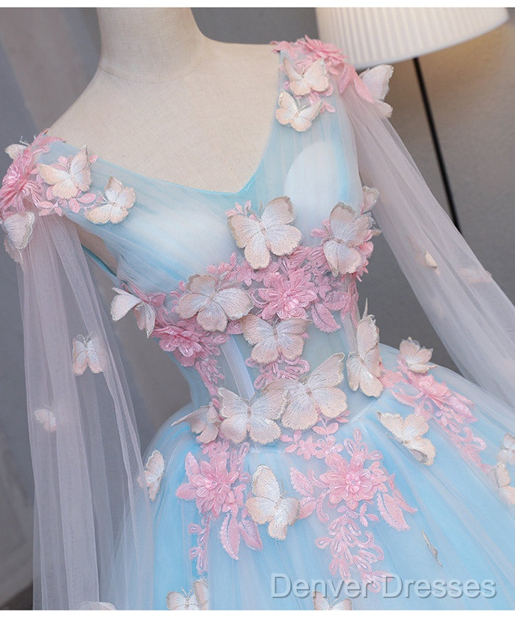 Beautiful Light Blue Butterfly Lace Ball Gown Prom Dress, Sweet 16 Formal Dress
