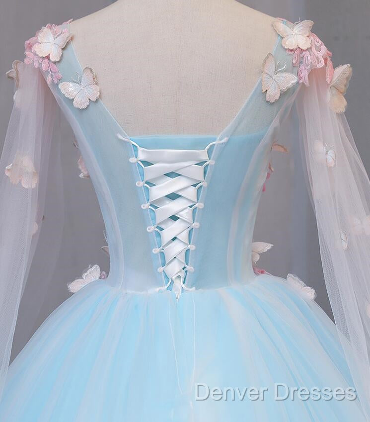Beautiful Light Blue Butterfly Lace Ball Gown Prom Dress, Sweet 16 Formal Dress