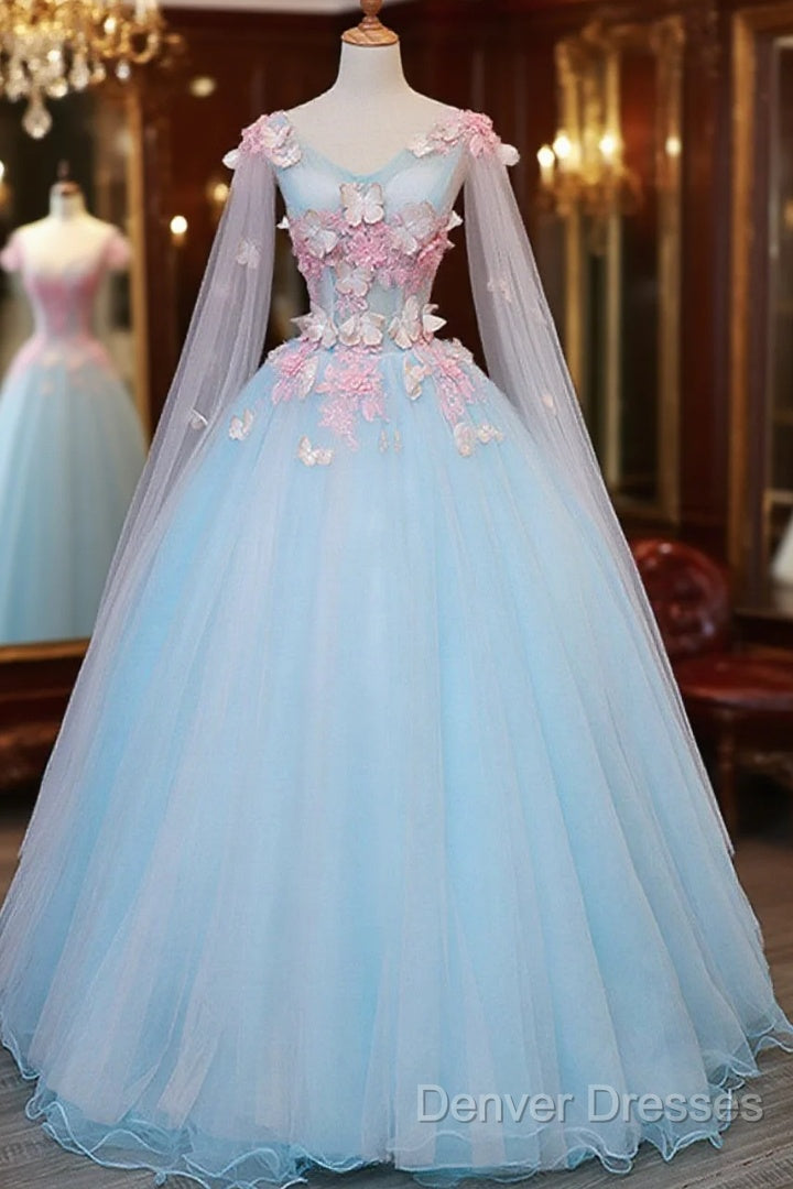 Beautiful Light Blue Butterfly Lace Ball Gown Prom Dress, Sweet 16 Formal Dress Main image