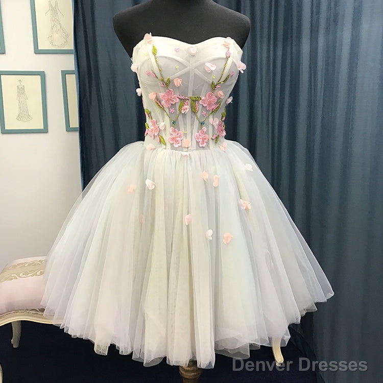 Beautiful Light Blue Short Sweetheart Homecoming Dress, Tulle Flowers Party Dress