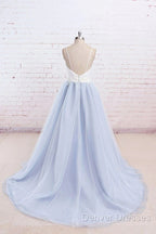 Beautiful Light Blue Tulle And White Top Long Wedding Party Gowns, Straps Junior Prom Dress