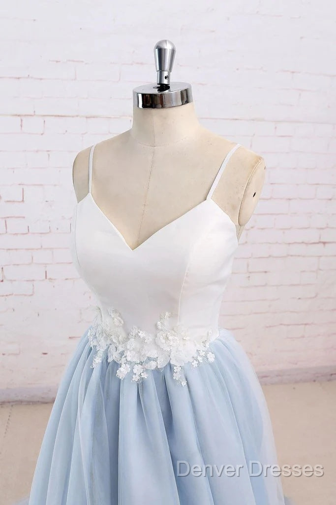 Beautiful Light Blue Tulle And White Top Long Wedding Party Gowns, Straps Junior Prom Dress