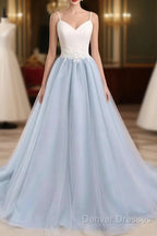 Beautiful Light Blue Tulle And White Top Long Wedding Party Gowns, Straps Junior Prom Dress