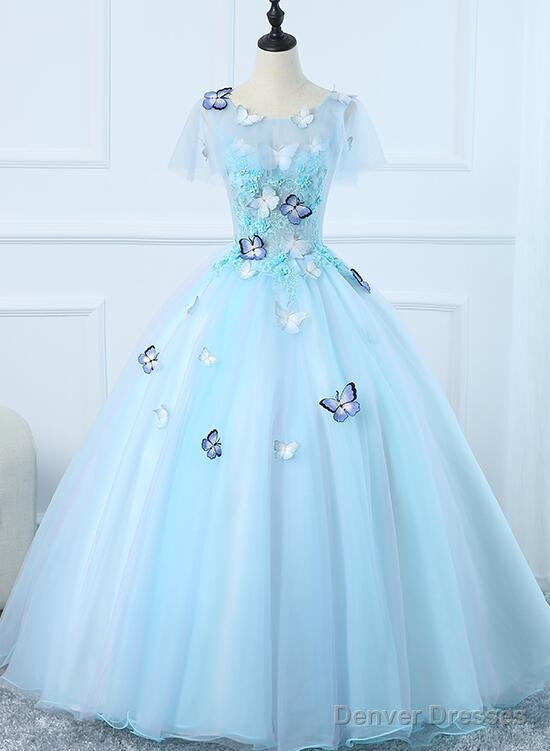 Beautiful Light Blue Tulle Long Prom Dress, Ball Gown Blue Sweet 16 Dresses
