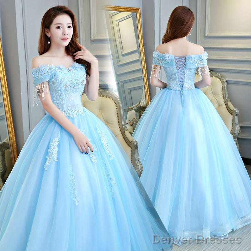 Beautiful Light Blue Tulle Off Shoulder Ball Gown Sweet 16 Gown, Blue Formal Gown Secondary image