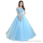 Beautiful Light Blue Tulle Off Shoulder Ball Gown Sweet 16 Gown, Blue Formal Gown