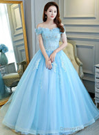 Beautiful Light Blue Tulle Off Shoulder Ball Gown Sweet 16 Gown, Blue Formal Gown