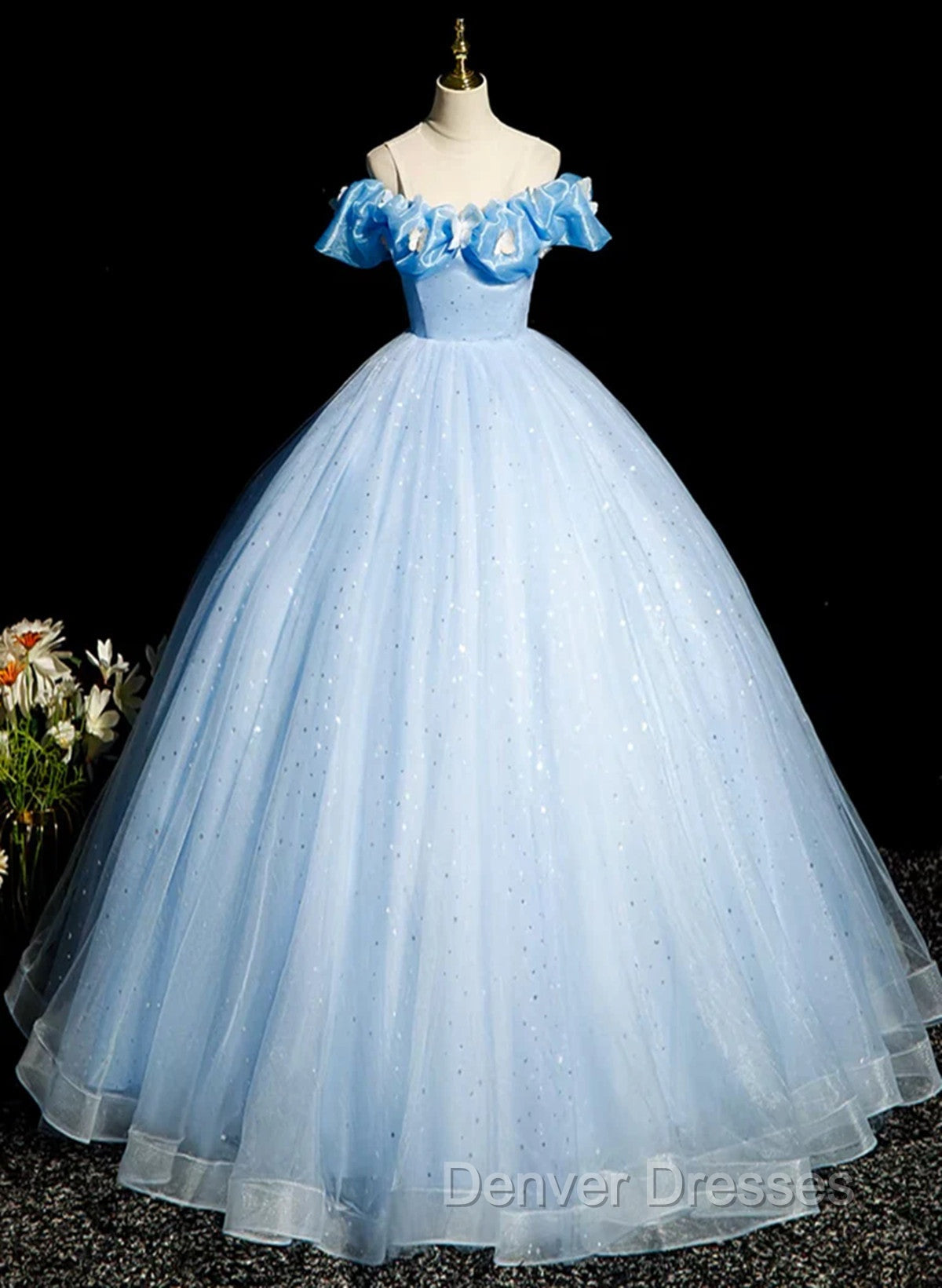 Beautiful Light Blue Tulle Off Shoulder Sweet 16 Dress, Light Blue Formal Dress Secondary image