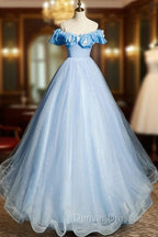 Beautiful Light Blue Tulle Off Shoulder Sweet 16 Dress, Light Blue Formal Dress