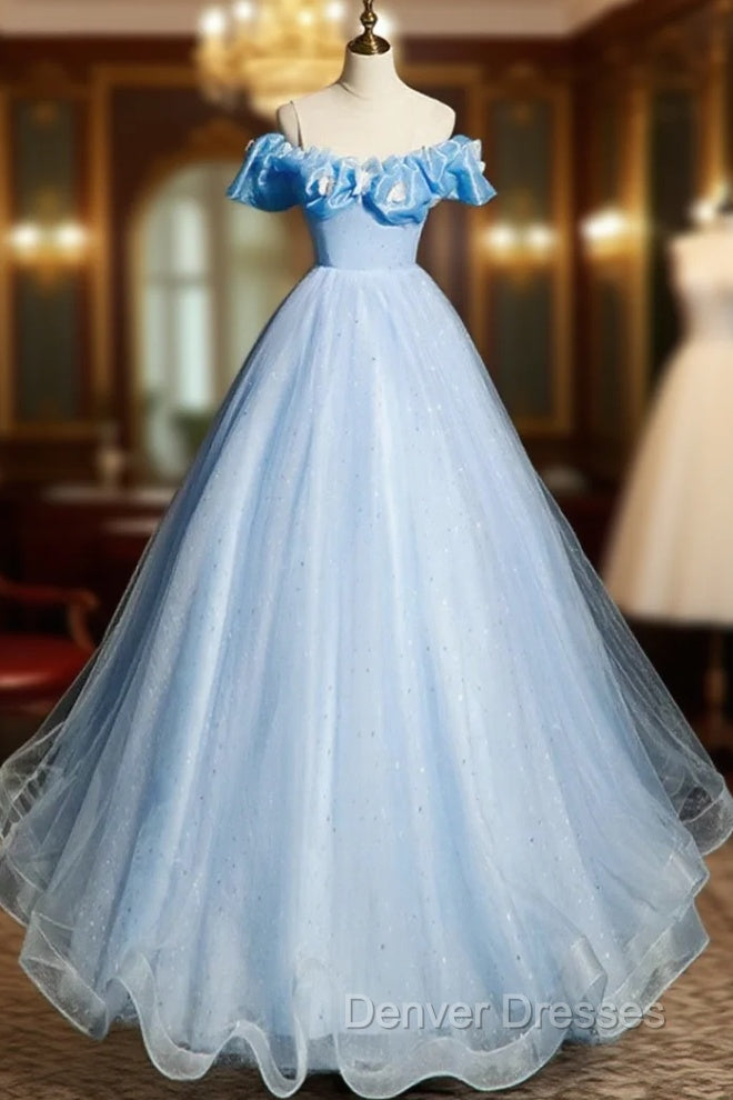 Beautiful Light Blue Tulle Off Shoulder Sweet 16 Dress, Light Blue Formal Dress