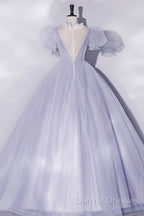 Beautiful Light Blue Tulle Sequins Prom Dress, Scoop Neck Short Sleeve Puffy Floor-Length Evening Dress