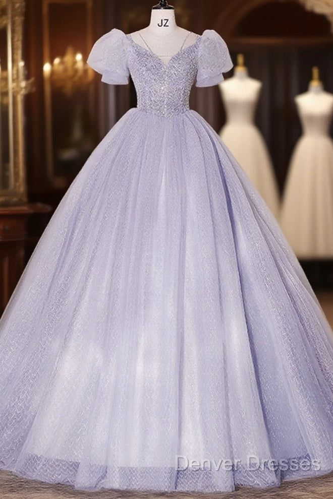 Beautiful Light Blue Tulle Sequins Prom Dress, Scoop Neck Short Sleeve Puffy Floor-Length Evening Dress Main image