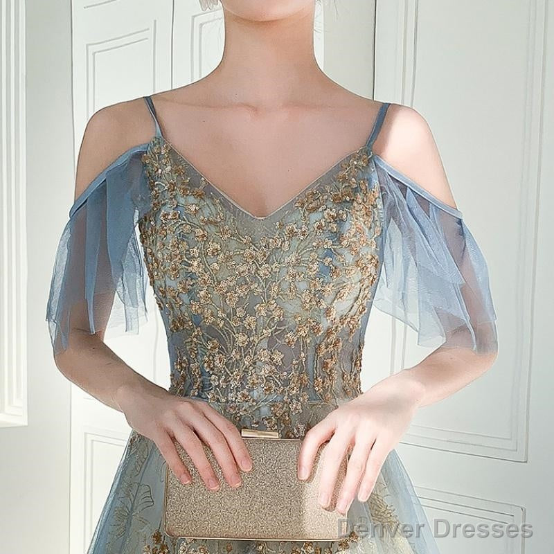 Beautiful Light Blue V-Neckline Long Lace Applique Formal Dress, Blue Evening Gown Secondary image