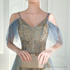 Beautiful Light Blue V-Neckline Long Lace Applique Formal Dress, Blue Evening Gown