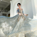 Beautiful Light Blue V-Neckline Long Lace Applique Formal Dress, Blue Evening Gown