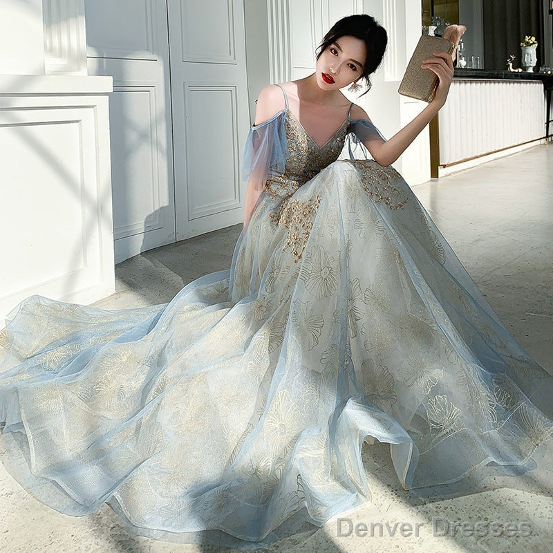 Beautiful Light Blue V-Neckline Long Lace Applique Formal Dress, Blue Evening Gown