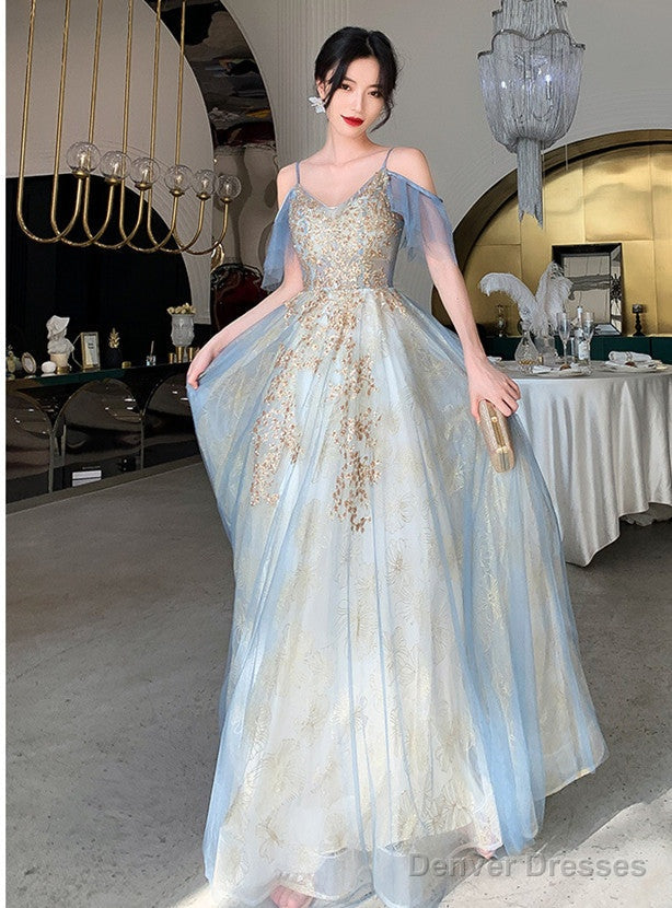 Beautiful Light Blue V-Neckline Long Lace Applique Formal Dress, Blue Evening Gown Main image